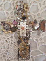 Steampunk Pendant Junkque Handmade Necklace Cross Gears Clock Bronze Patina - £46.72 GBP