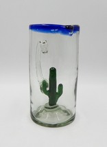 Mexican Hand-Blown Glass Cactus Blue Rim Margarita Pitcher 8-1/2 Inch Tall - £34.75 GBP