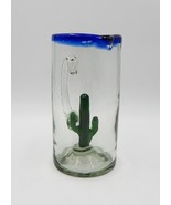 Mexican Hand-Blown Glass Cactus Blue Rim Margarita Pitcher 8-1/2 Inch Tall - $44.99