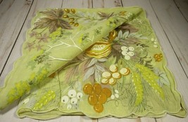 VINTAGE Hankie Handkerchief Light Green Floral &amp; Fruit 15&quot; Square Linen Clean. - £8.58 GBP