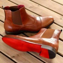 Men&#39;s New Handmade Brown Leather Cap Toe Chelsea Jumper Slip On Genuine Leather - £122.29 GBP