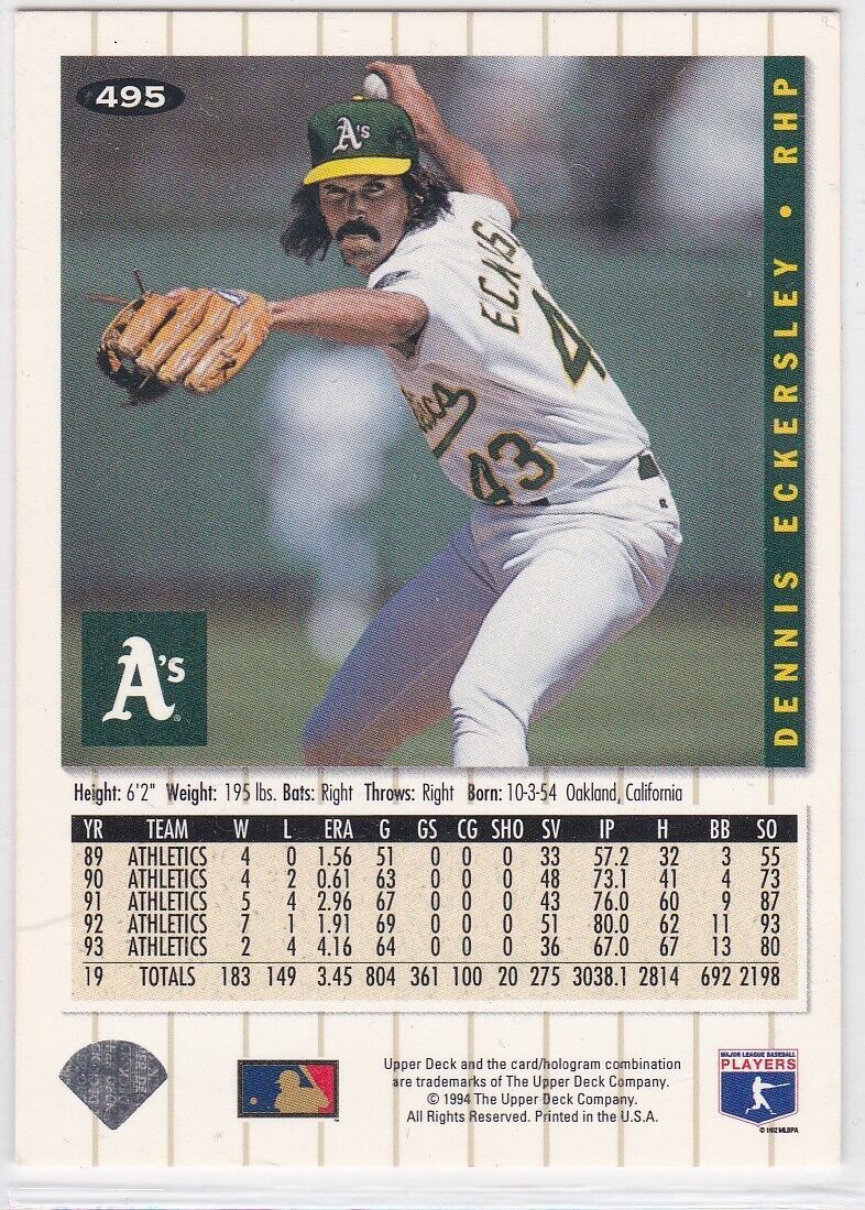 G) 1994 Upper Deck Baseball Trading Card - Dennis Eckersley #495 Item image 2