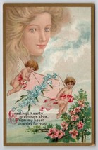 Cherub &amp; Beautiful Woman&#39;s Face Clouds Fantasy Series 57 Emb #10 Postcard O30 - £13.23 GBP