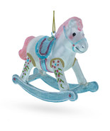 Boy&#39;s Blue Rocking Horse Glass Baby&#39;s First Christmas Ornament - £33.81 GBP