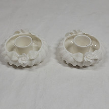 Vintage Lefton Candlestick Holders Porcelain White Oval 1392W Roses Milk Glass - £9.62 GBP