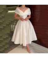 Boat Neck  Satin  Classic Knee Length Ball Gown White Dress  Prom Dresse... - $88.00