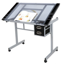 Adjustable Rolling Drawing Drafting Table Tempered Glass Art Craft Work Station - £122.61 GBP