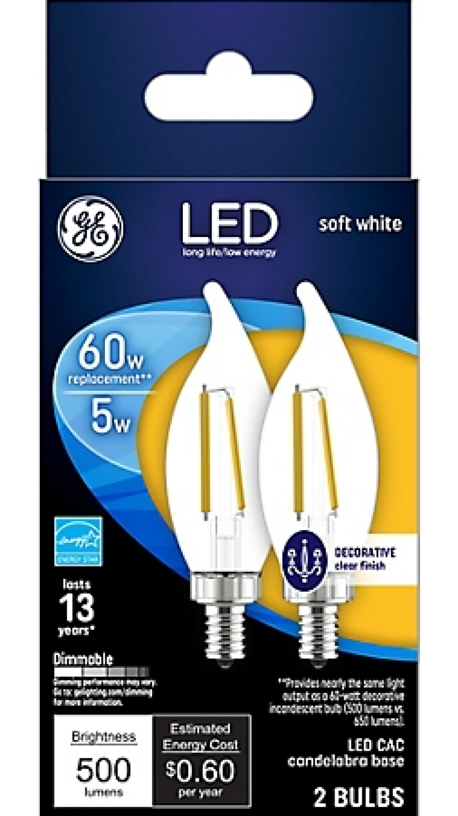 GE C10 E12 (Candelabra) LED Bulb Soft White 60 Watt Equivalence 2 pk - £22.06 GBP