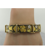 Vintage Damascene Wide Panel Bracelet Black Enamel Gold Birds Silver Flo... - $33.93 CAD
