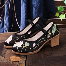 Chinese Style Women 6cm High Block Heel Satin Cotton Fabric Shoes Comfortable La - £30.07 GBP