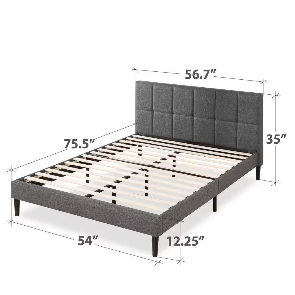 Full Size Grey Upholstered Platform Bed Padded Headboard Item image 2