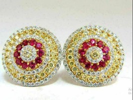 4Ct Round Cut Red Ruby &amp; Citrine &amp; Diamond Stud Earrings 14K Yellow Gold... - £71.38 GBP