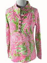 Lilly Pulitzer Medium Pink Green Buttoned Pullover Tunic Top Kangaroo Pocket - $42.67