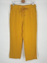 Calligraphie Straight Leg Linen Pants Sz L Yellow Elastic Waist - $27.44