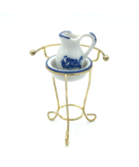 WASHSTAND dollhouse miniature set - gold stand white blue ceramic pitche... - £8.01 GBP