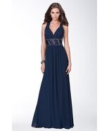 La Femme 18177 Crisscross Back Chiffon Gown Sz 6 Navy - $136.62
