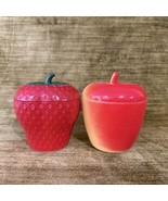 Hazel Atlas Strawberry &amp; Apple Jam Jelly Jars w/Lids Set of 2 Vintage 19... - $47.66 CAD
