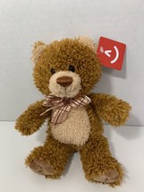 Aurora 8” small plush tan brown teddy bear beanbag pink plaid bow ribbon - £11.67 GBP