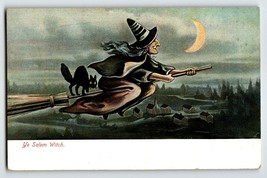Salem Witch Postcard Broom Flight Black Cat Crescent Moon 6649 Metropolitan - £56.59 GBP