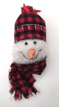 Sparkly Smiling Snowman Head Wearing Red &amp; Black Buffalo Plaid Hat and Scarf - $12.00