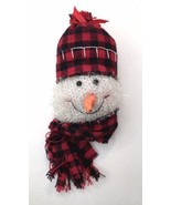 Sparkly Smiling Snowman Head Wearing Red &amp; Black Buffalo Plaid Hat and S... - £9.55 GBP