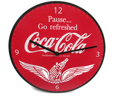 Coca-Cola Round 12&quot; Clock Red Pause Go Refreshed Wings Script Logo - BRA... - £9.78 GBP