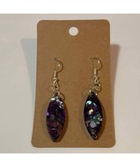 Handmade epoxy resin pointed oval shape earrings-dark purple &amp; green hol... - £4.34 GBP