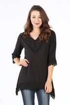 Forgotten Grace BLACK CROCHET-TRIM V-NECK SIDETAIL TOP Size L - £22.48 GBP