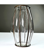 METAL FRAME HAND BLOWN GLASS INSIDE VINTAGE VASE Ribbed 9in Tall  5.5in ... - £157.26 GBP