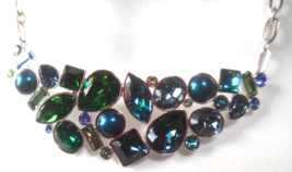 Signed TC Silver-tone Blue &amp; Green Crystal Collar Necklace 19&quot; - $47.52