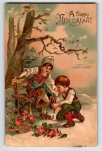 New Year Postcard Boy Girl Putting On Ice Skates Gold Trim 1909 Germany Embossed - £13.65 GBP