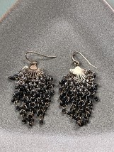 Thin Dainty Goldtone Fan w Many Silver &amp; Dark Gray Tiny Beads Dangle Earrings - £9.99 GBP