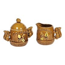 Vtg Colorado Ceramic Sugar Bowl  Lid &amp; Creamer Squirrel Handles Acorns - £14.06 GBP