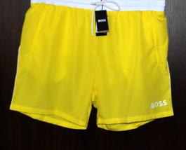 Hugo Boss Yellow White Logo Mens Swim Shorts Trunks Beach Athletic Size ... - £54.77 GBP