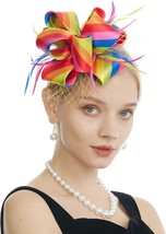 Women&#39;s Fascinators Hat for Tea Party Church Cocktail Feathers Veil Headband wit - £24.67 GBP