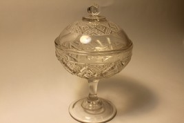 Vintage Pressed Glass Candy Dish Compose Covered Diamond Design Finial Top - £15.57 GBP