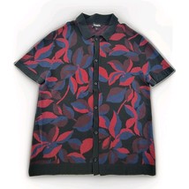 Express Mens Knit Shirt Sz M Black Red Blue Leaf Print Short Sleeve Butt... - $23.75