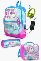 Kids Blue Neon Pink Unicorn Patterned USB 3 Pcs School Bag Set SET0123811 - £198.05 GBP