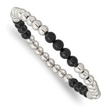 Chisel Stainless Steel Polished 6mm Black Onyx Beaded Stretch Bracelet - $35.00