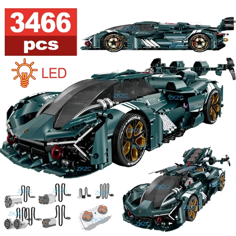 3466 Pcs 1:8 Technical RC Sports Car Building Blocks Model MOC LED Racing - £193.88 GBP+