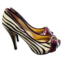 Steve Madden Open Toe Bow Heels Shoes Red Black Cow Leather Animal Print Size 7. - £26.99 GBP