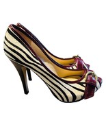 STEVE MADDEN OPEN TOE BOW HEELS SHOES RED BLACK COW LEATHER ANIMAL PRINT... - $640.87 MXN