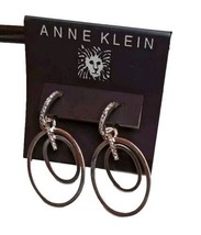 Anne Klein Rhinestone Drop Dangle Silver Tone Pierced Hoop Earrings NWT NEW - $12.86