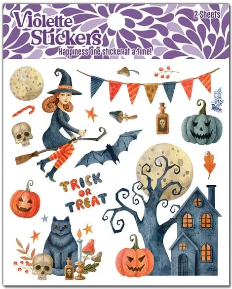 Stickers 2 Sheets Haunted House Halloween Flying Witch Bat Cat Potion - £9.26 GBP