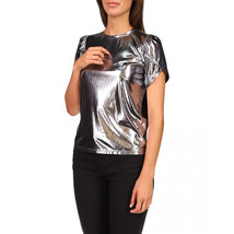 Michael Kors Tin Foil Shirt Silver Metallic Round Neck Petal Sleeve Size XS - £22.82 GBP