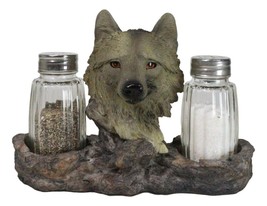 Grey Wolf Head By Woodlands Forest Glass Salt &amp; Pepper Shakers Holder Fi... - $22.99