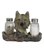 Grey Wolf Head By Woodlands Forest Glass Salt &amp; Pepper Shakers Holder Fi... - $32.28 CAD