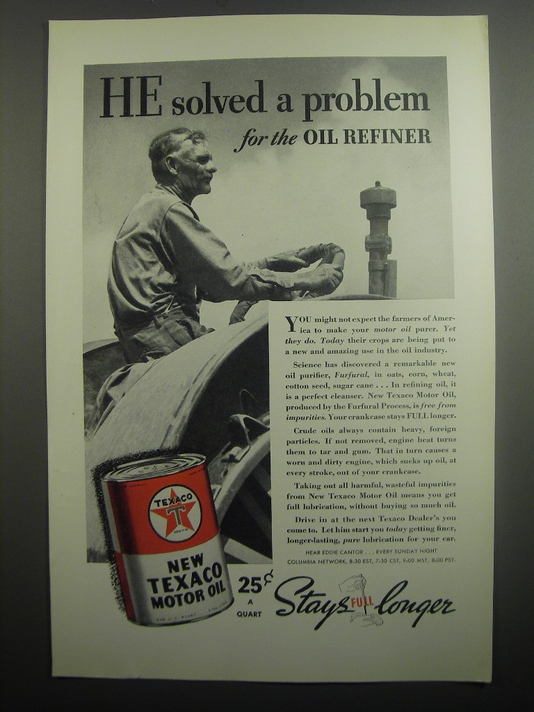 1937 Texaco Motor Oil Ad - He solved a problem for the oil refiner - $18.49