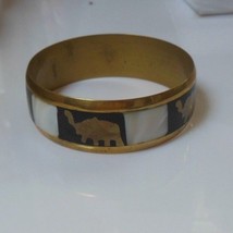 Vintage Brass Bangle Bracelet W/ Mother of Pearl Elephant Inlay - £29.99 GBP