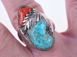 sz9.75 Chunky Vintage Navajo Sterling/turquoise/coral ring - £242.54 GBP